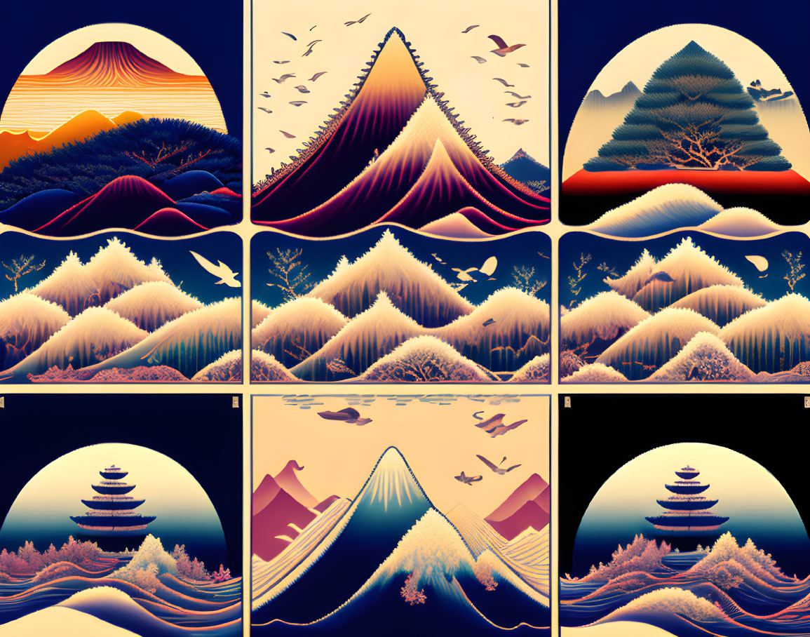 Stylized mountain landscapes with waves, trees, and birds in warm colors