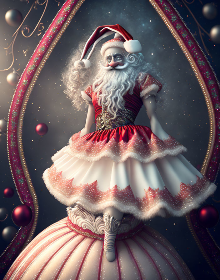 Whimsical Santa Claus illustration in red and white attire with flowing beard and hat against magical backdrop.