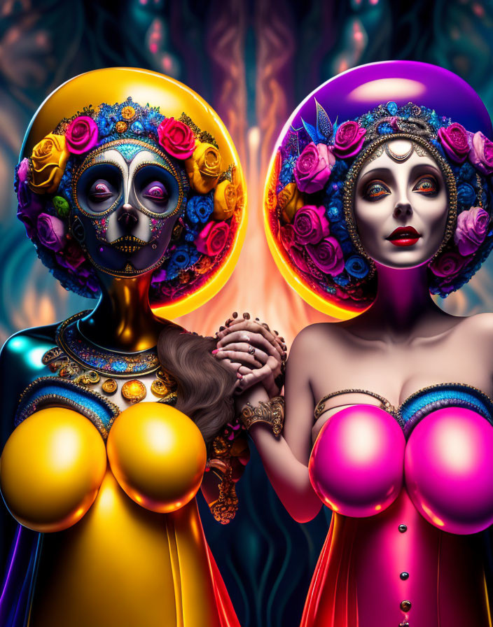 Stylized Dia de los Muertos figures in skull makeup and vibrant attire holding hands.