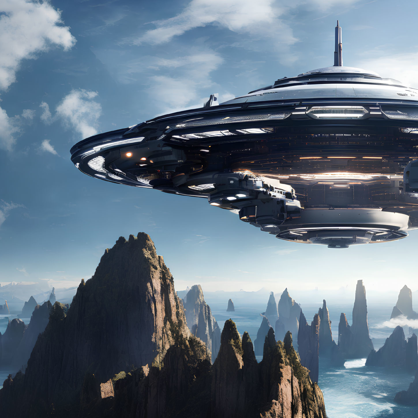 Futuristic spaceship over rugged mountains and water islands