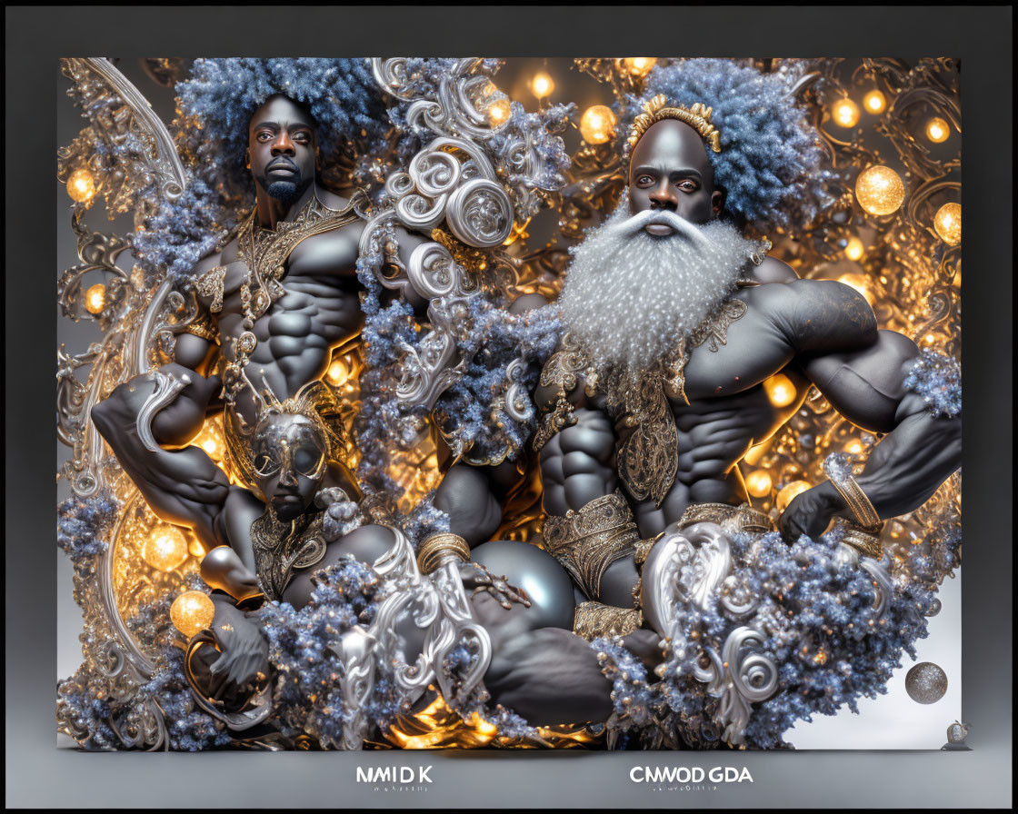 Stylized muscular figures with blue and silver adornments and orbs on grey backdrop