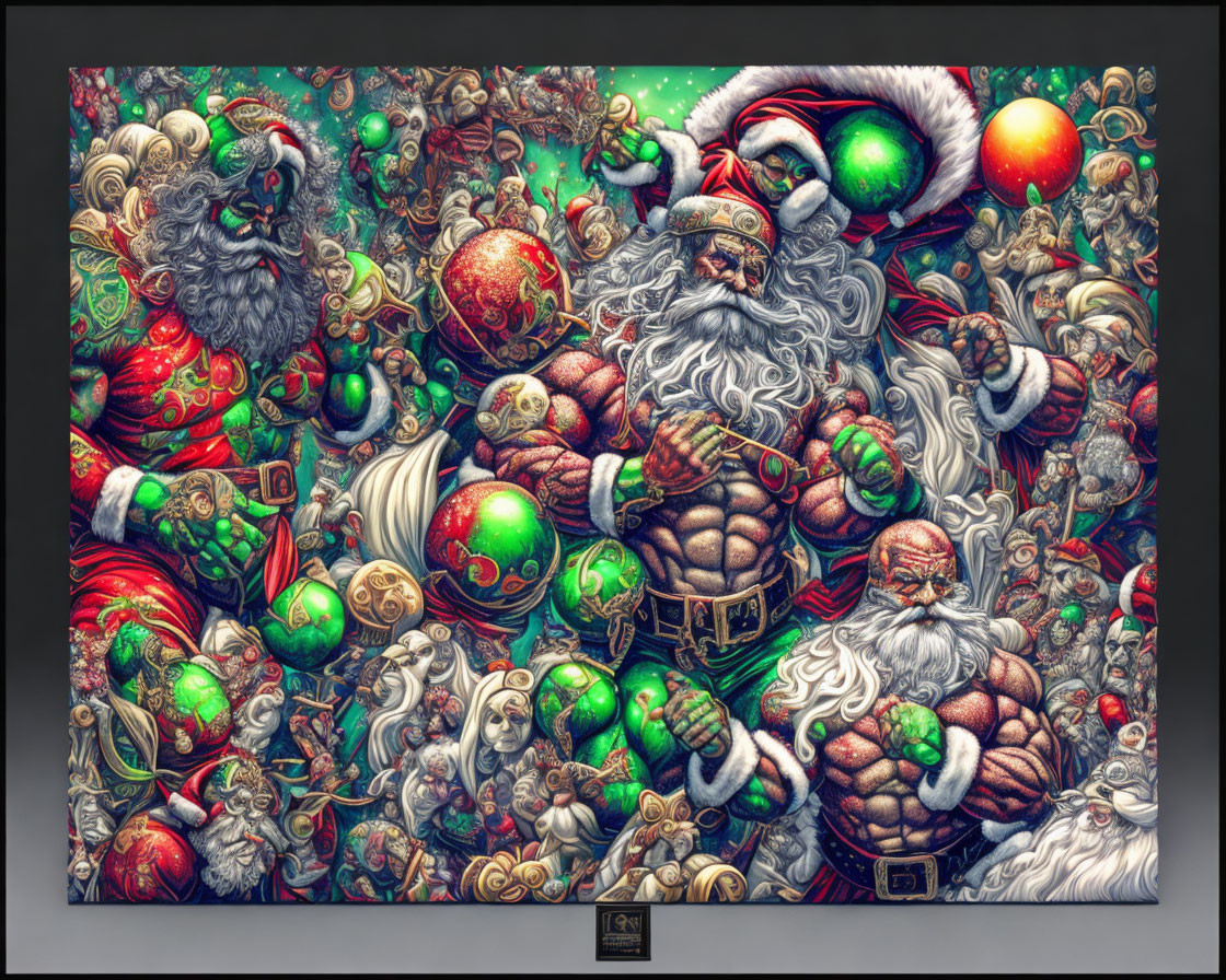 Fantasy holiday artwork: Muscular Santas in vibrant poses with festive ornaments