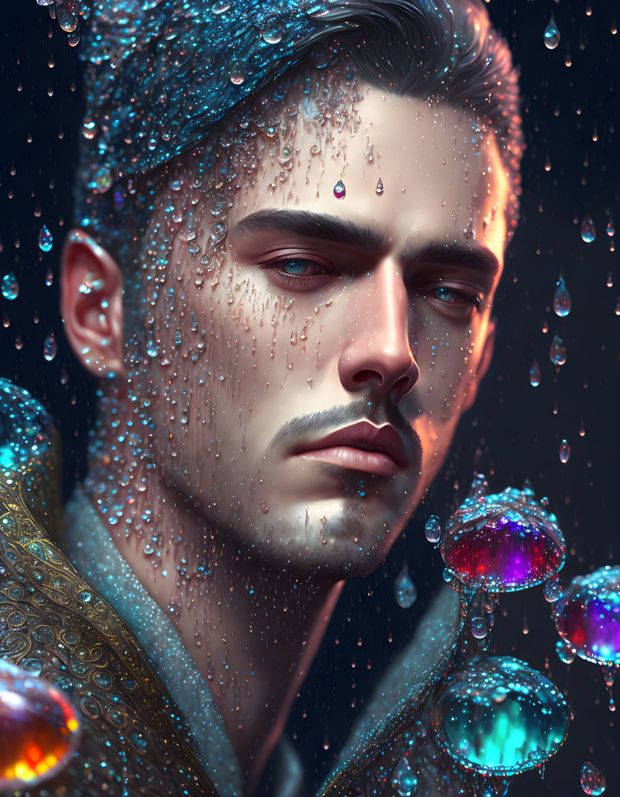 Intense man with water droplets and colorful bubbles in digital artwork