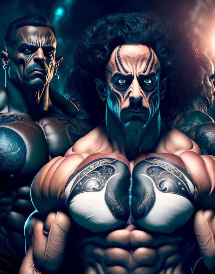 Muscular tattooed characters with intense expressions and traditional face markings under dramatic lighting