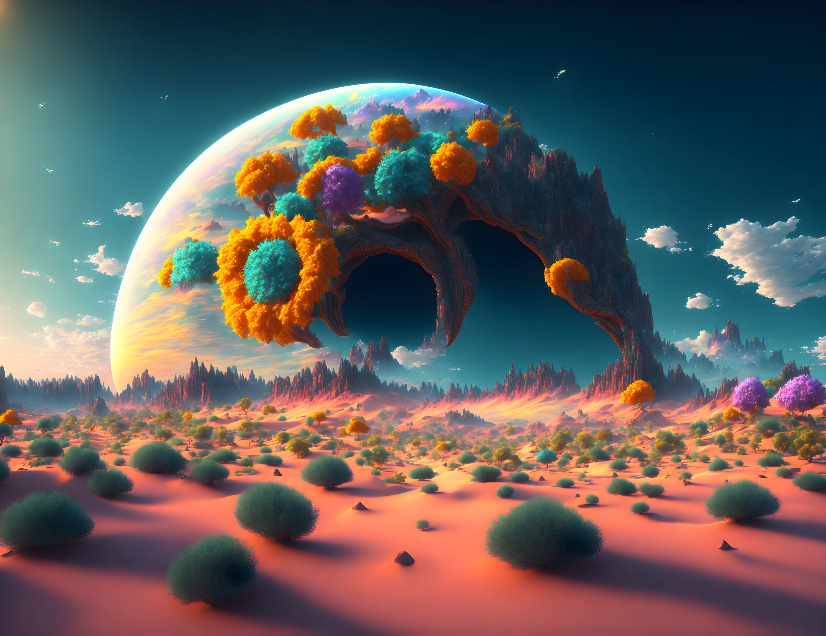 Colorful Flora in Alien Landscape with Large Moon