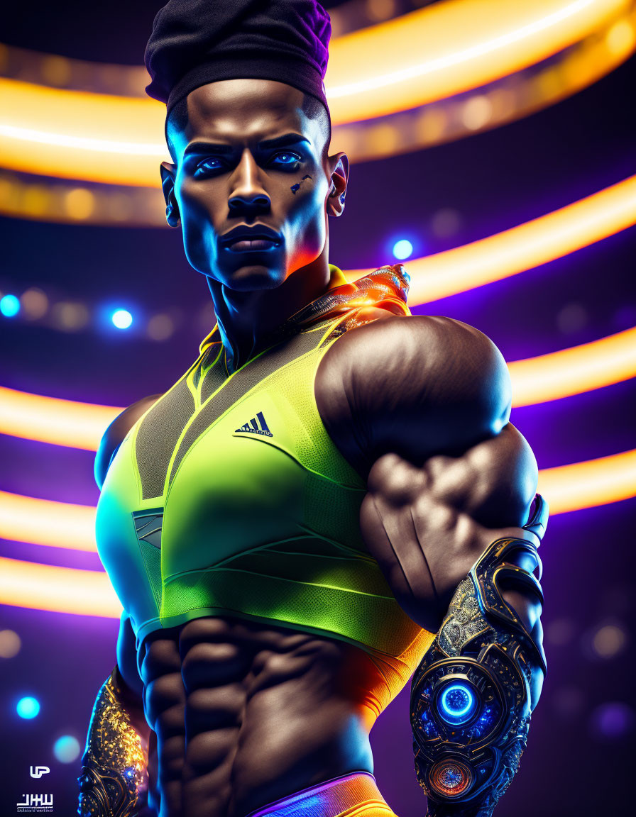 Muscular character with glowing blue eyes in futuristic clothing and neon rings.