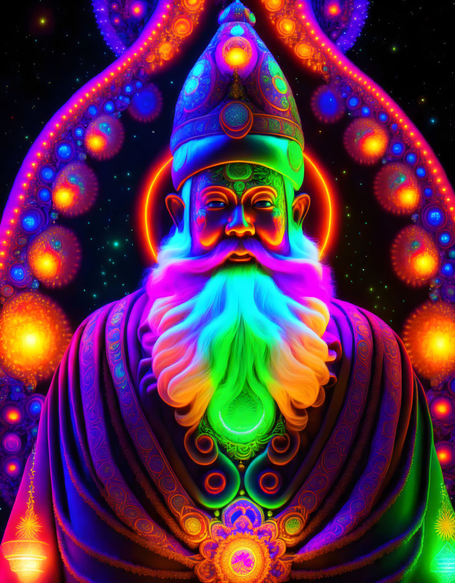 Colorful digital artwork of bearded figure with bishop's mitre and psychedelic patterns