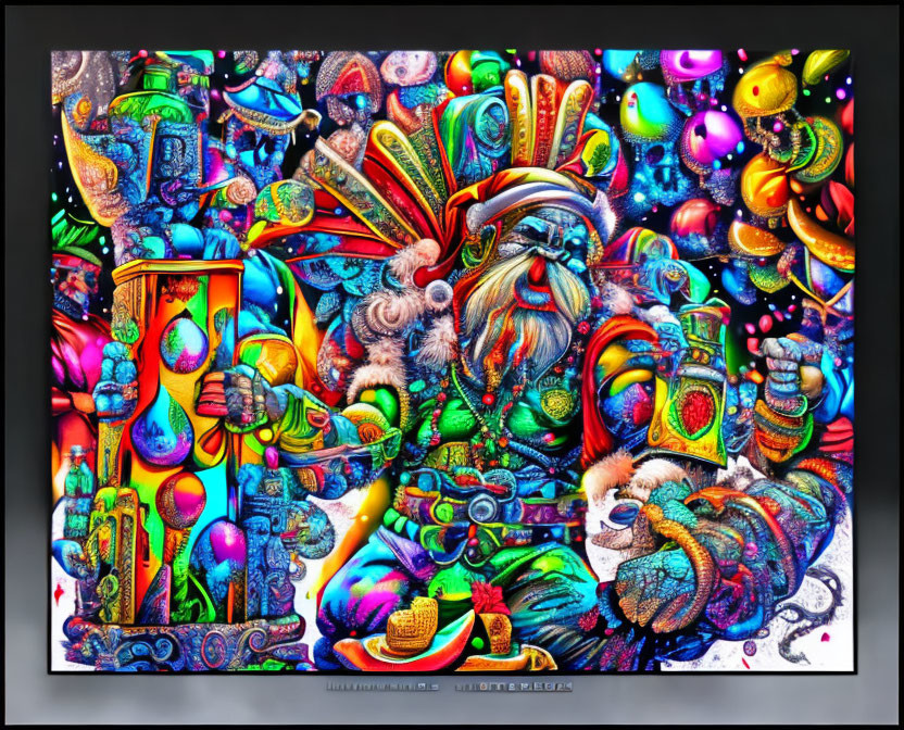 Colorful psychedelic illustration with bearded character and neon glow