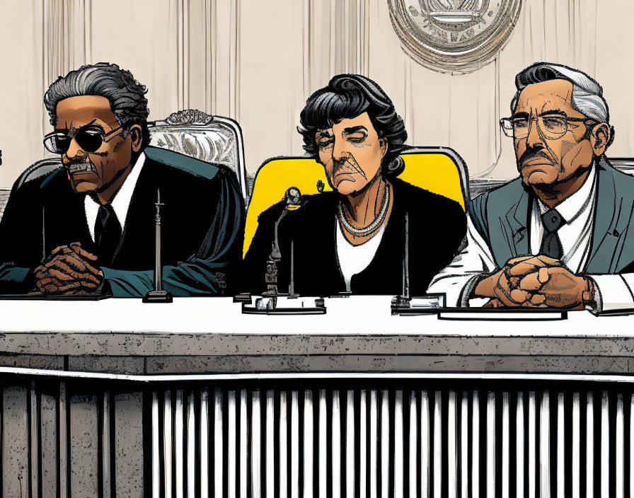 Animated judges with gavel in courtroom setting