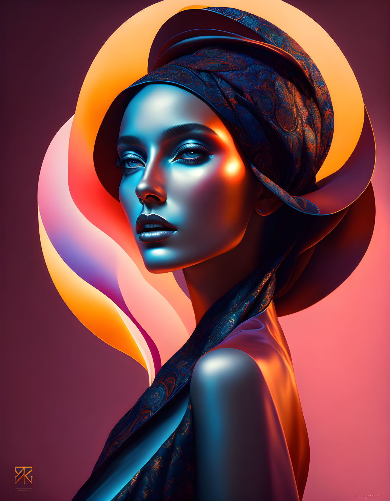 Vibrant blue-skinned woman with turban and scarf on warm gradient background