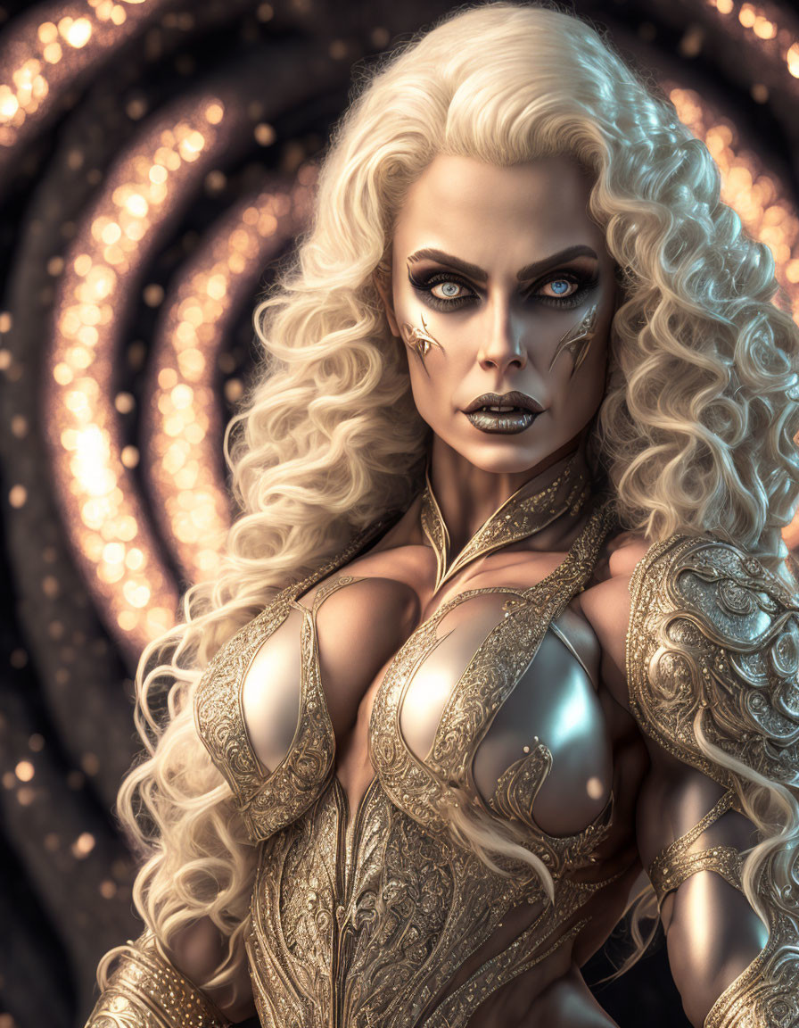 Fantasy digital artwork: Female character with blue eyes, golden armor, white hair