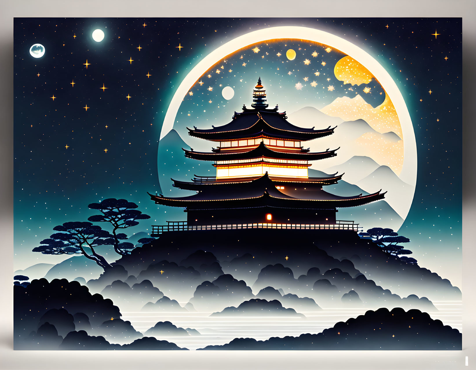 Nighttime pagoda illustration with misty moonlit ambiance