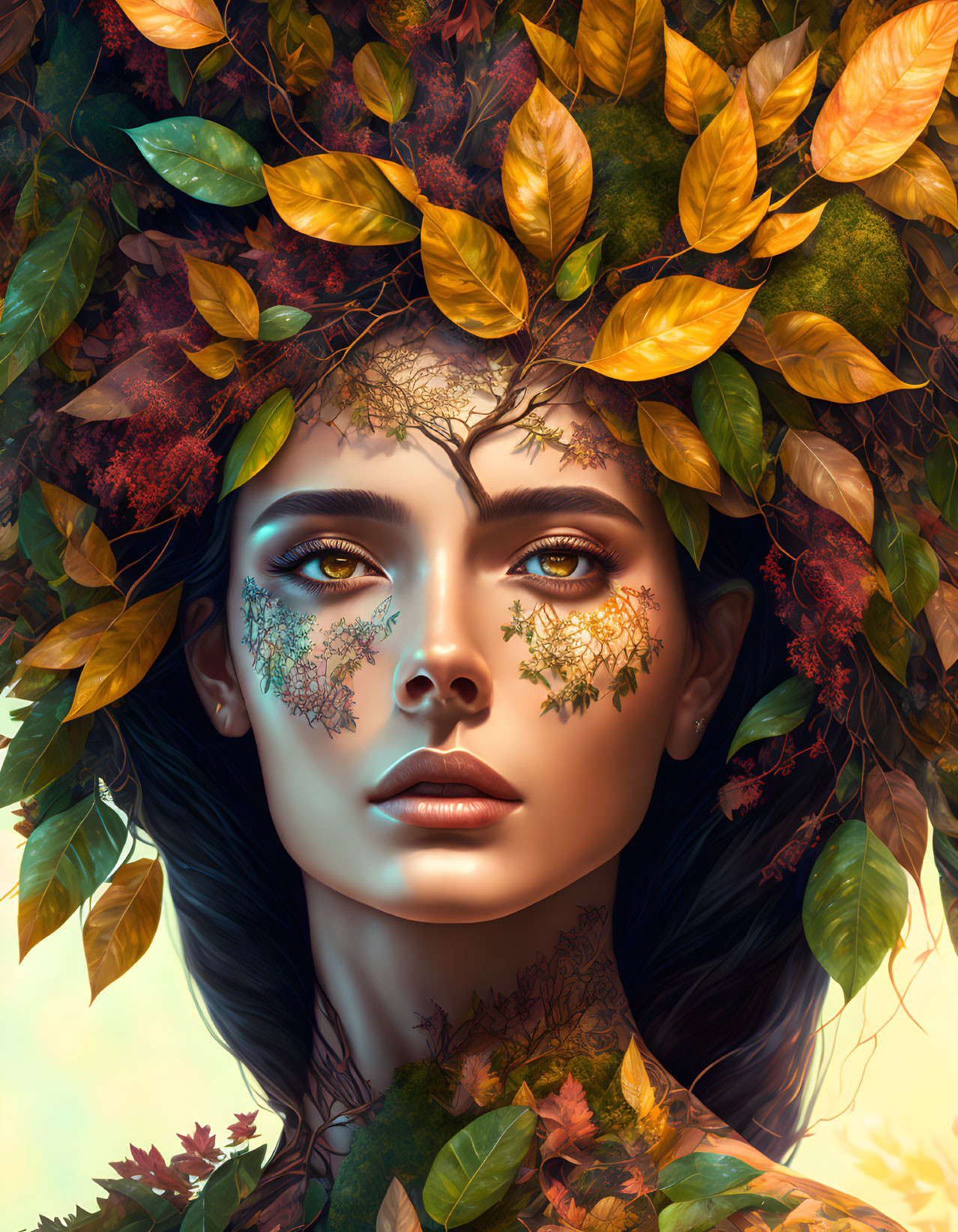 Digital Art: Woman with Autumn Crown and Nature-Inspired Vines