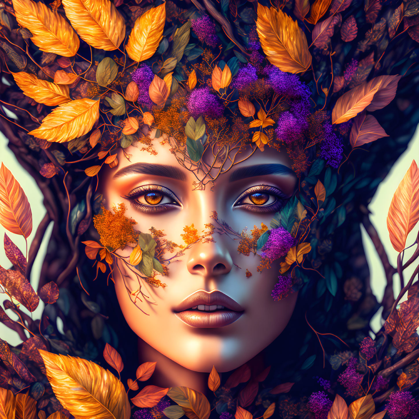 Digital artwork of woman's face with autumn nature elements intertwined in hair