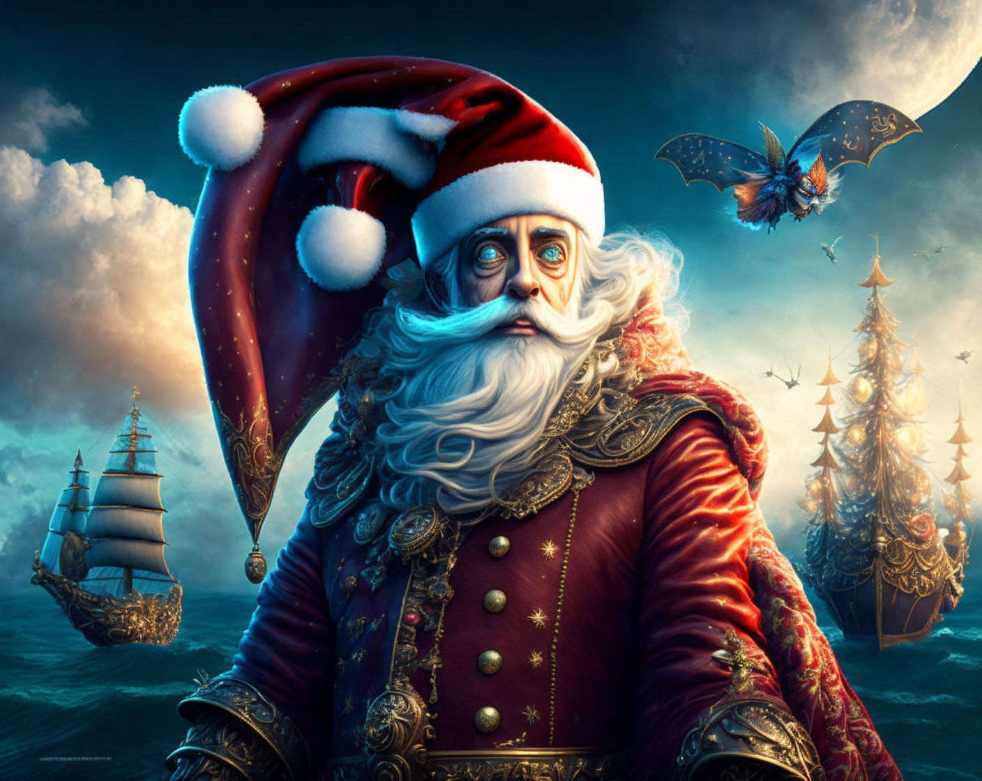 Santa Claus in red coat and hat with nautical background and butterfly.