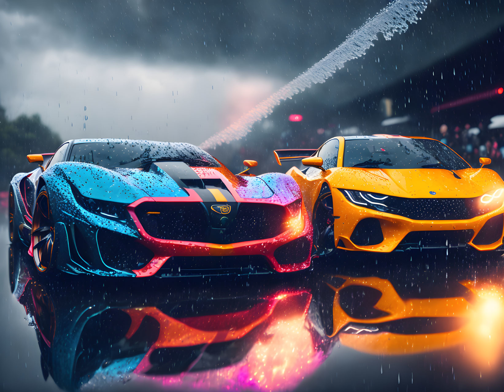 Vibrant sports cars on wet road with rain and light reflections