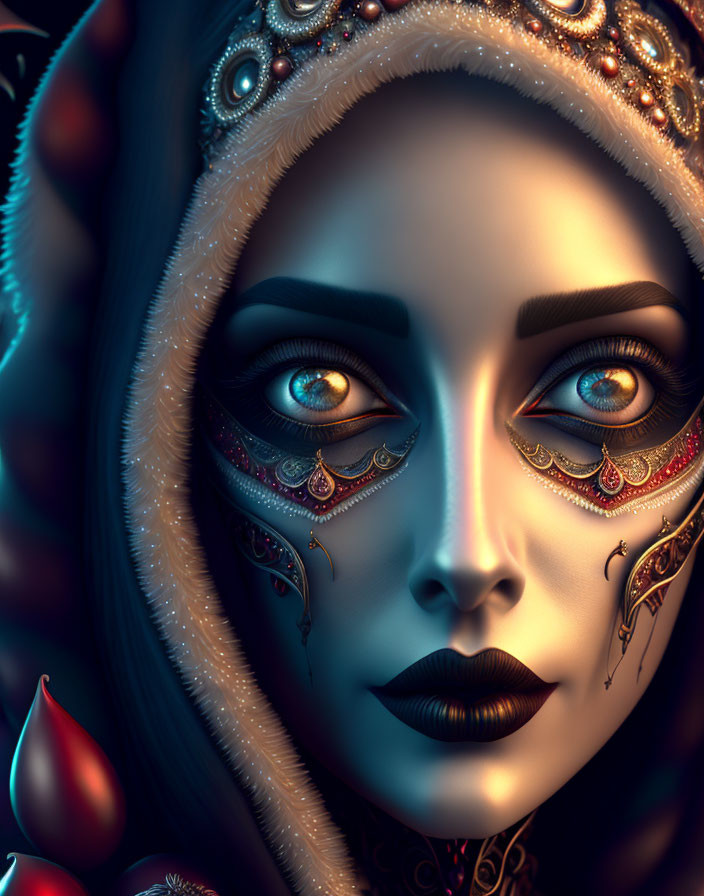 Blue-skinned woman with gold and red adornments in hooded digital artwork