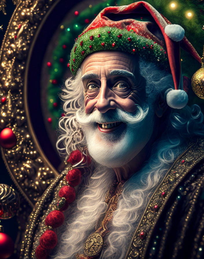 Festive Santa Claus illustration with twinkling eyes and Christmas decorations