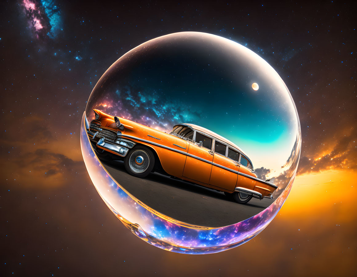 Vintage Orange Car in Transparent Bubble Under Starry Sky