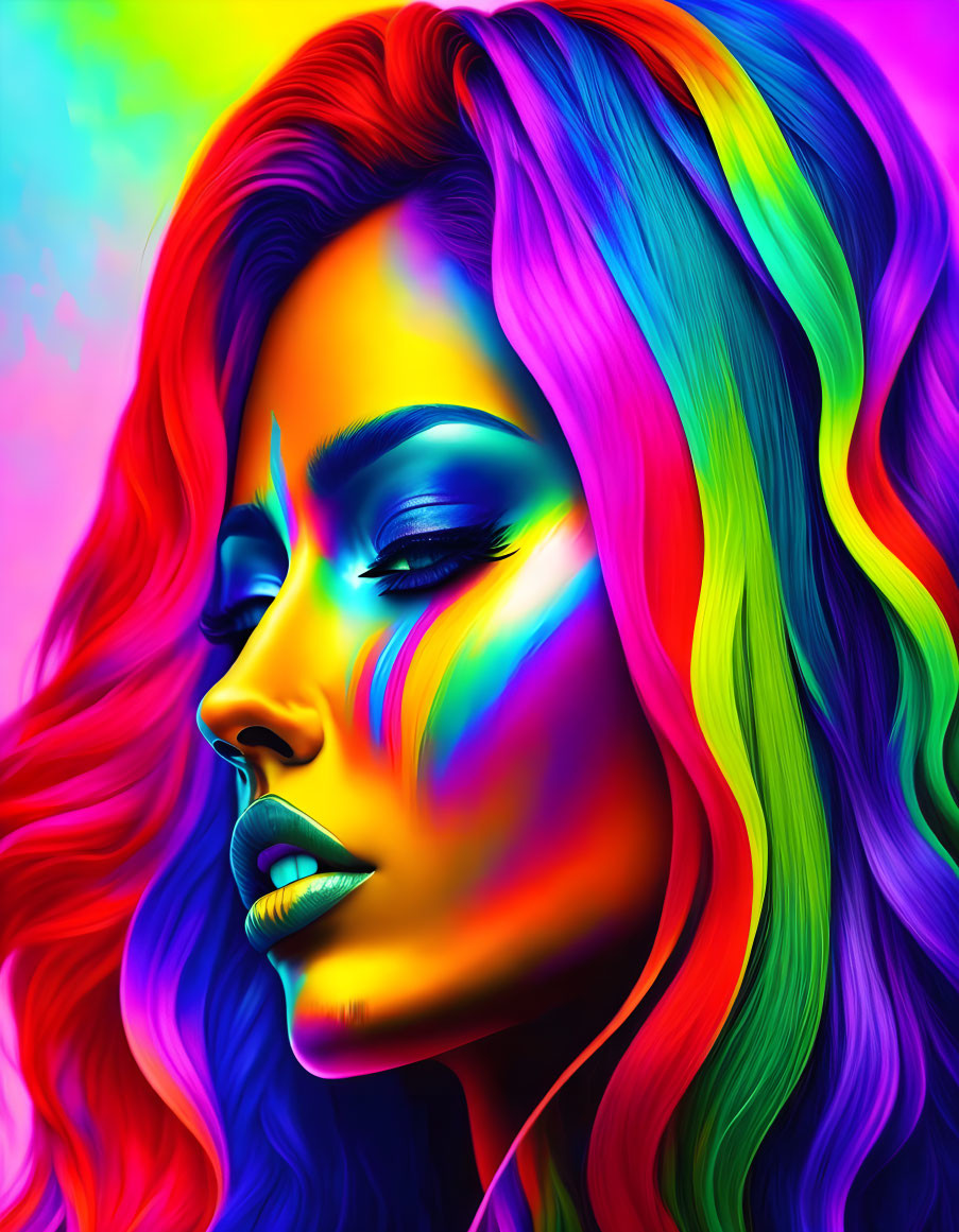 Colorful digital artwork: woman with multicolored hair and rainbow makeup on neon background