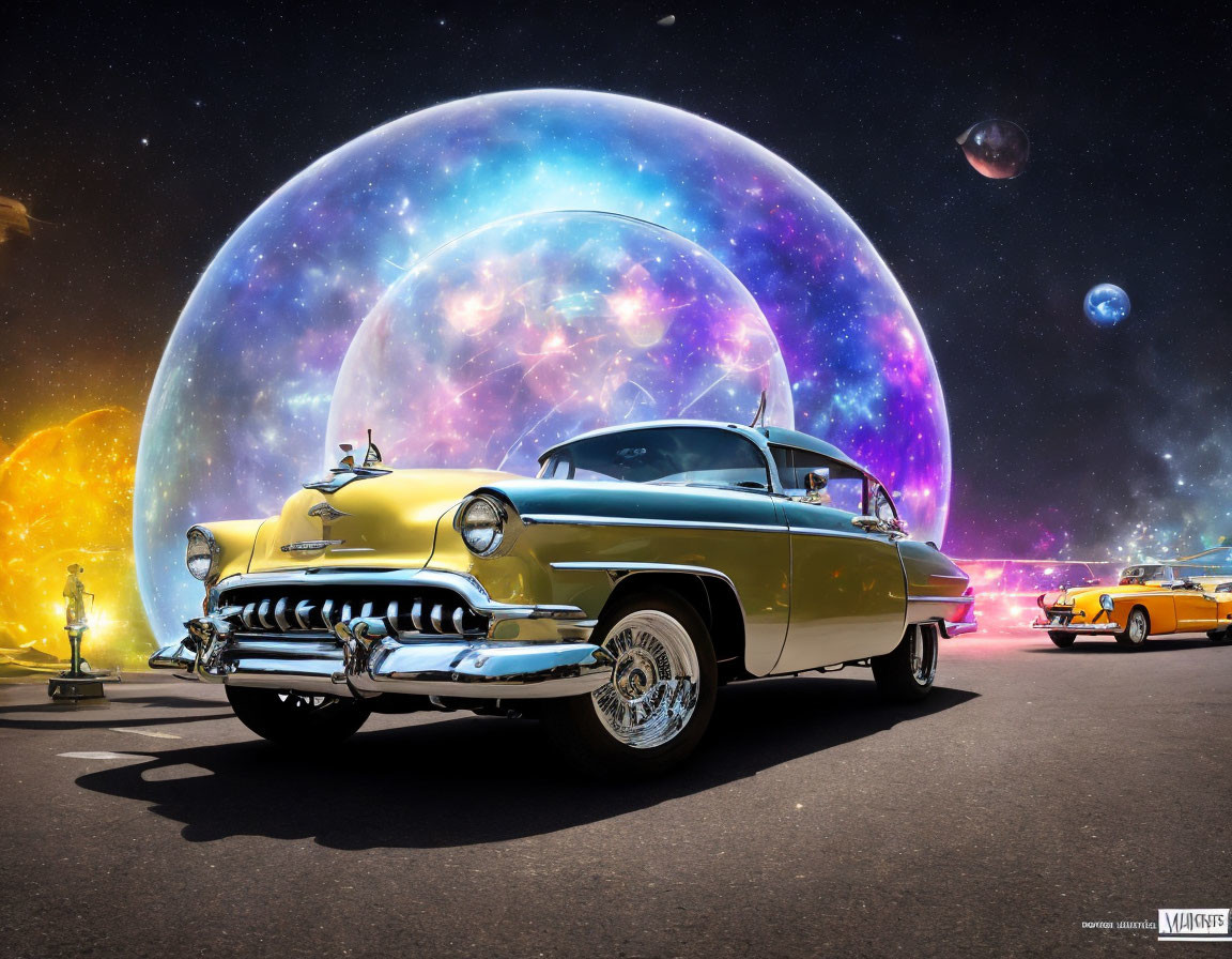 Vintage cars under cosmic sky with vibrant space bodies & celestial orbs