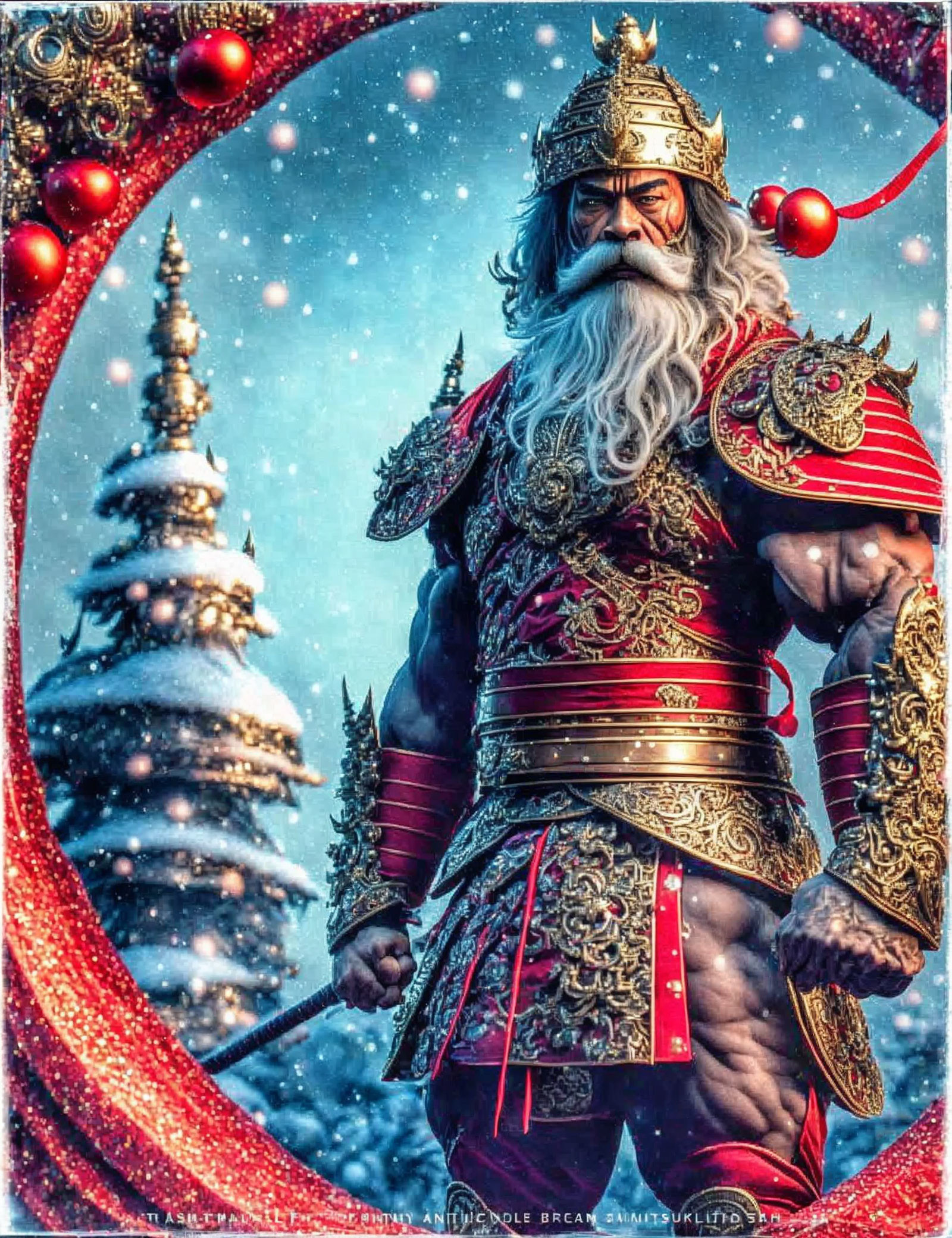 Armored Santa Claus in Festive Border on Snowy Landscape