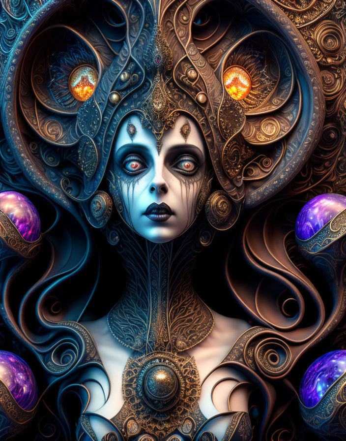 Elaborate Woman Portrait with Metallic Swirls in Blue and Gold