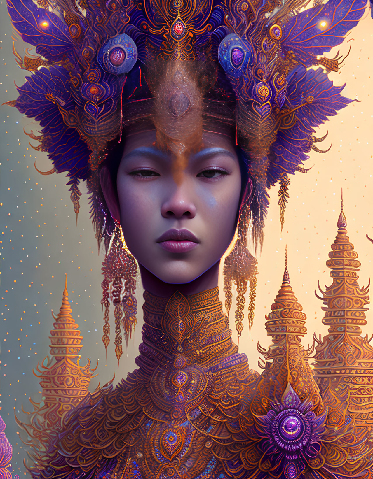 Detailed illustration of person with ornate headdress and clothing in gold and purple hues against stylized towers