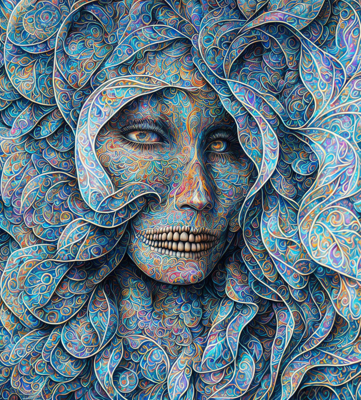 Intricate Blue Patterned Face Artwork with Petal-Like Designs