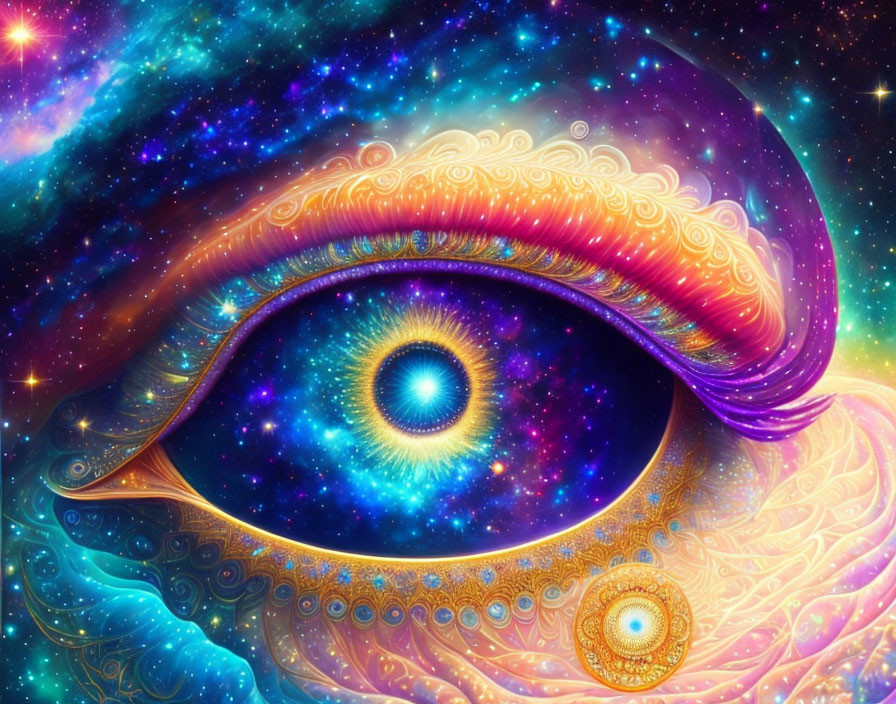 Cosmic-themed eye digital artwork with intricate patterns and celestial colors