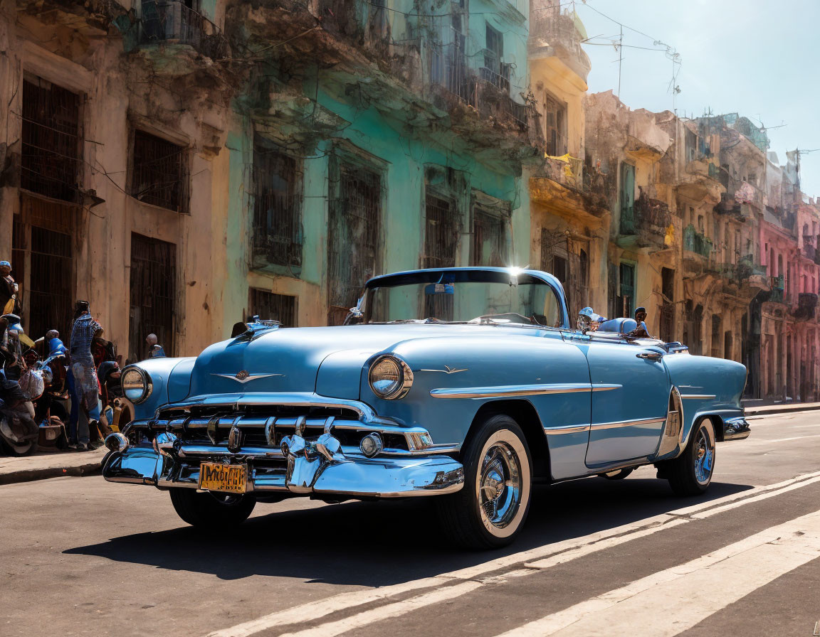 Vintage Blue Convertible Car in Sunny Street Scene