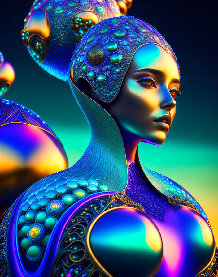 Digital artwork: Female figure with iridescent skin and abstract spherical structures on blue-to-yellow gradient.