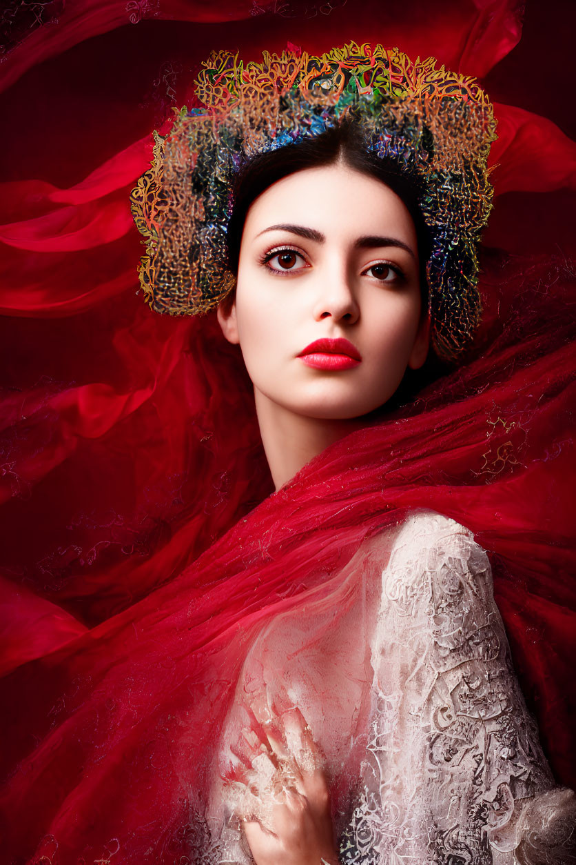 Pale-skinned woman with dark hair in floral headpiece and red fabric against red backdrop.