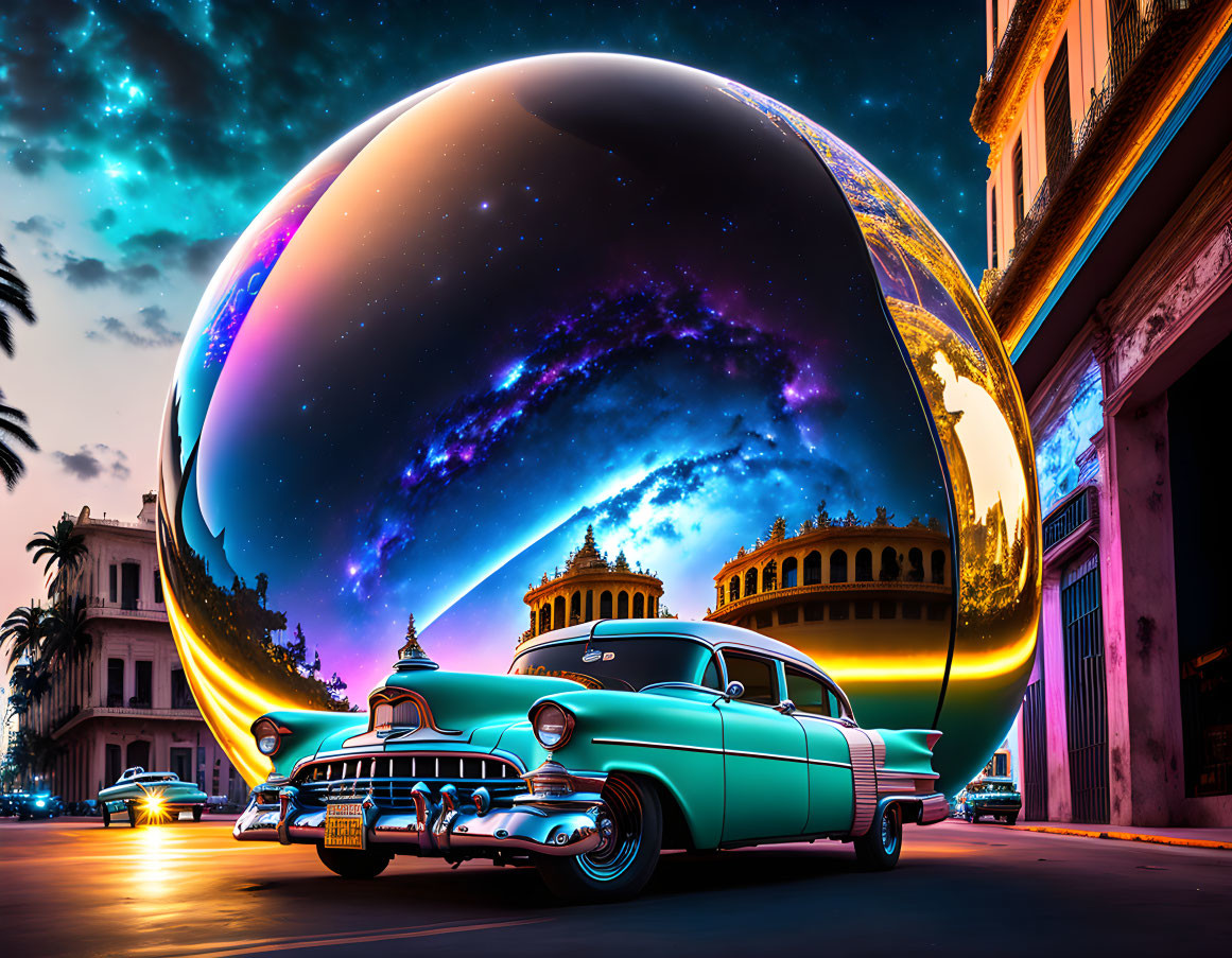 Vintage Car Parked on Street at Dusk with Neon Lights and Cosmic Starscape