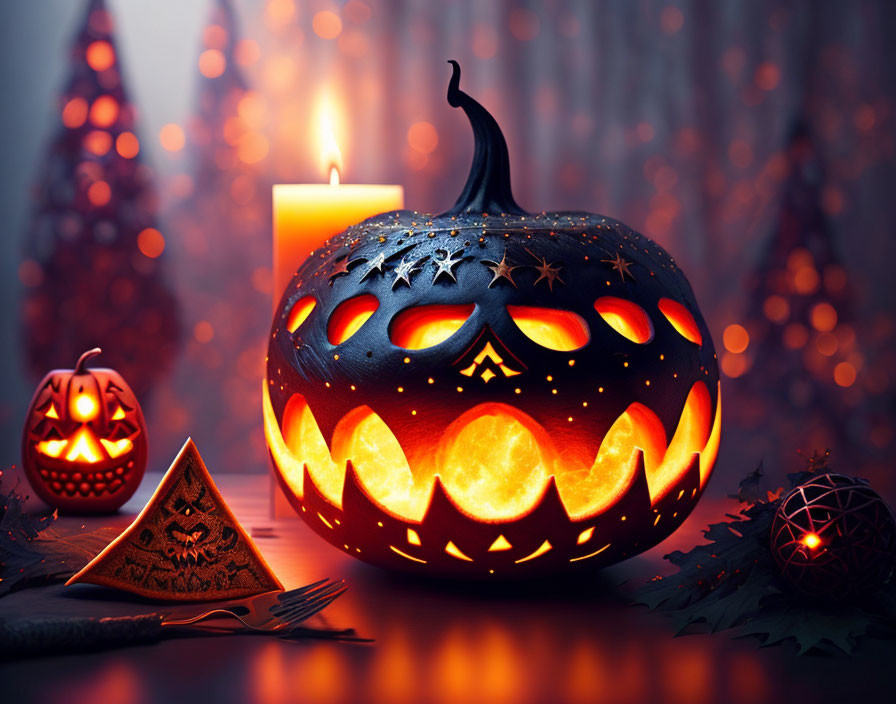 Glowing carved pumpkin with star cut-outs and autumn decorations