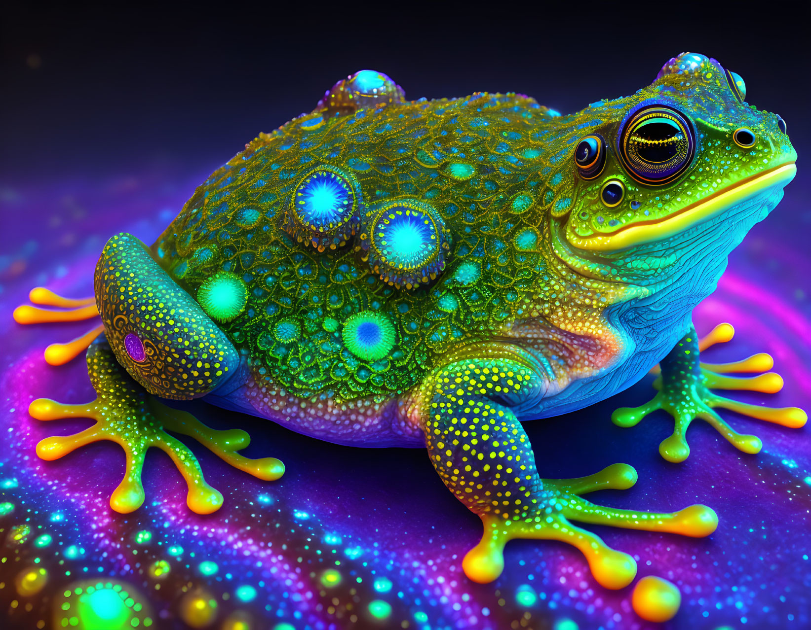 Colorful Psychedelic Frog on Dark Neon Background