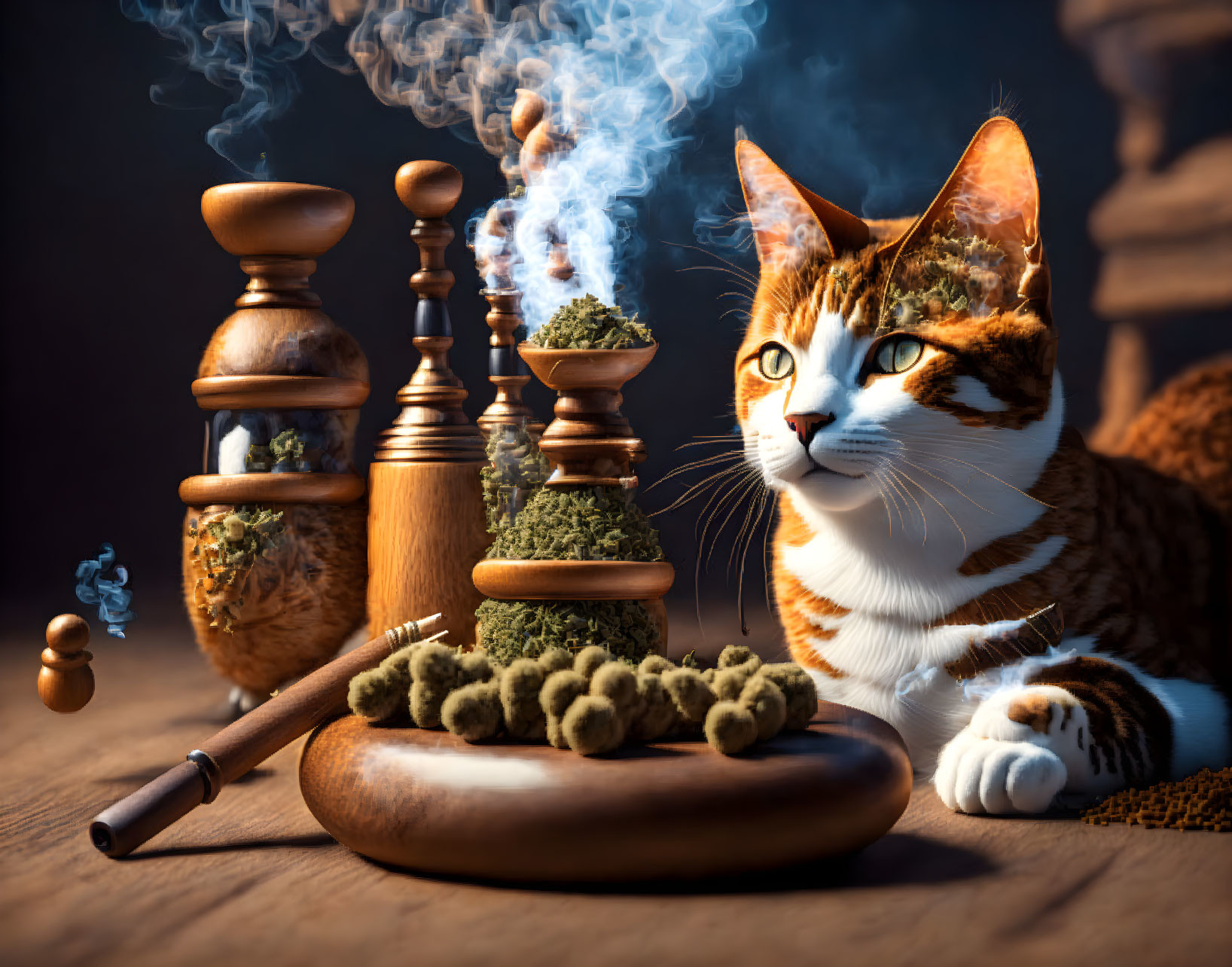 Cat with smoking pipe and herbs creates mystical scene