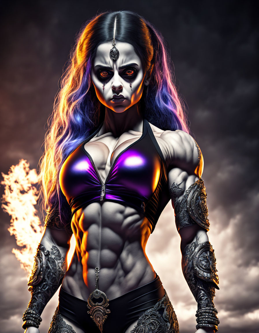 Muscular woman with purple accents in dramatic makeup against stormy sky and fire.