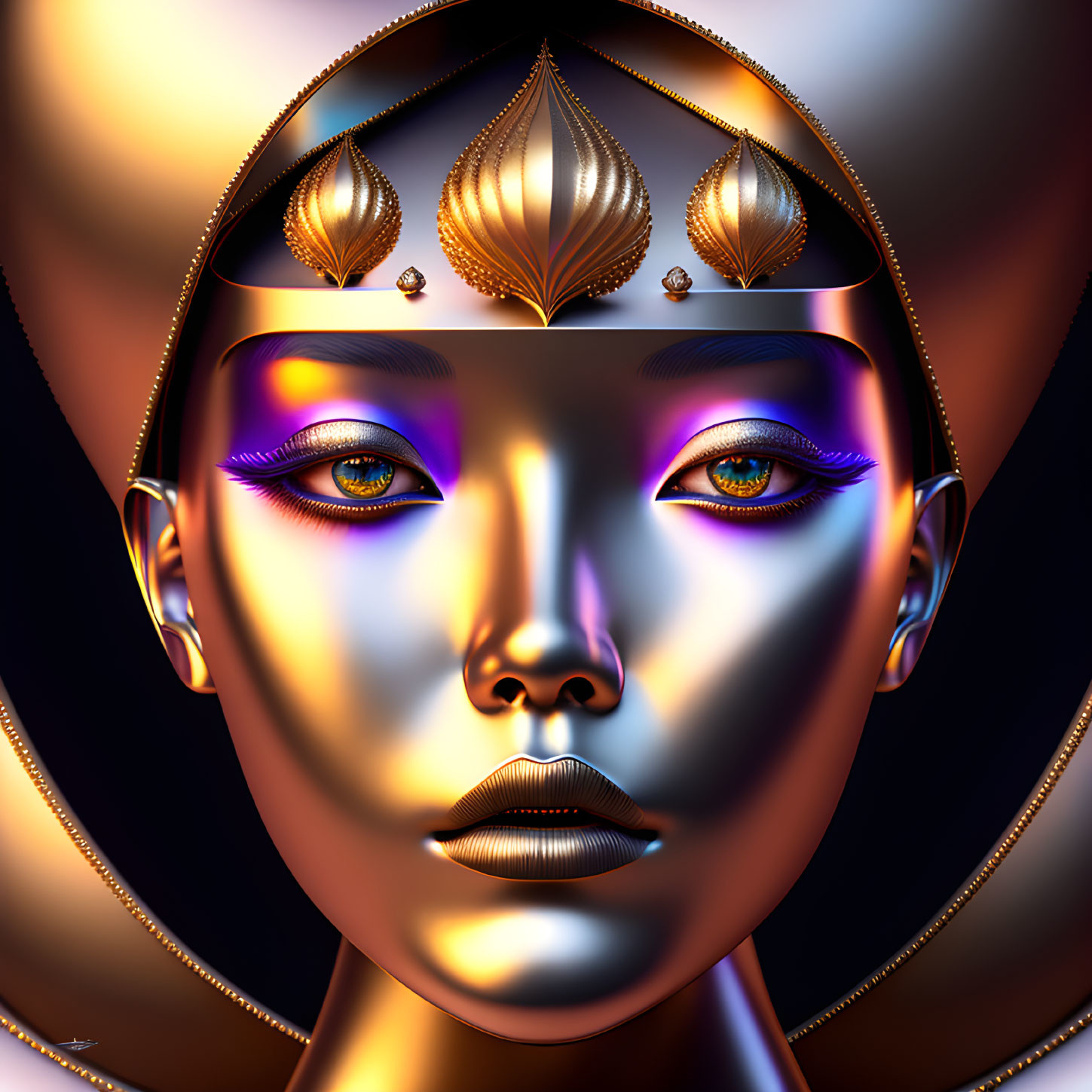 Golden Skin and Blue Eyeshadow on 3D Face with Crown