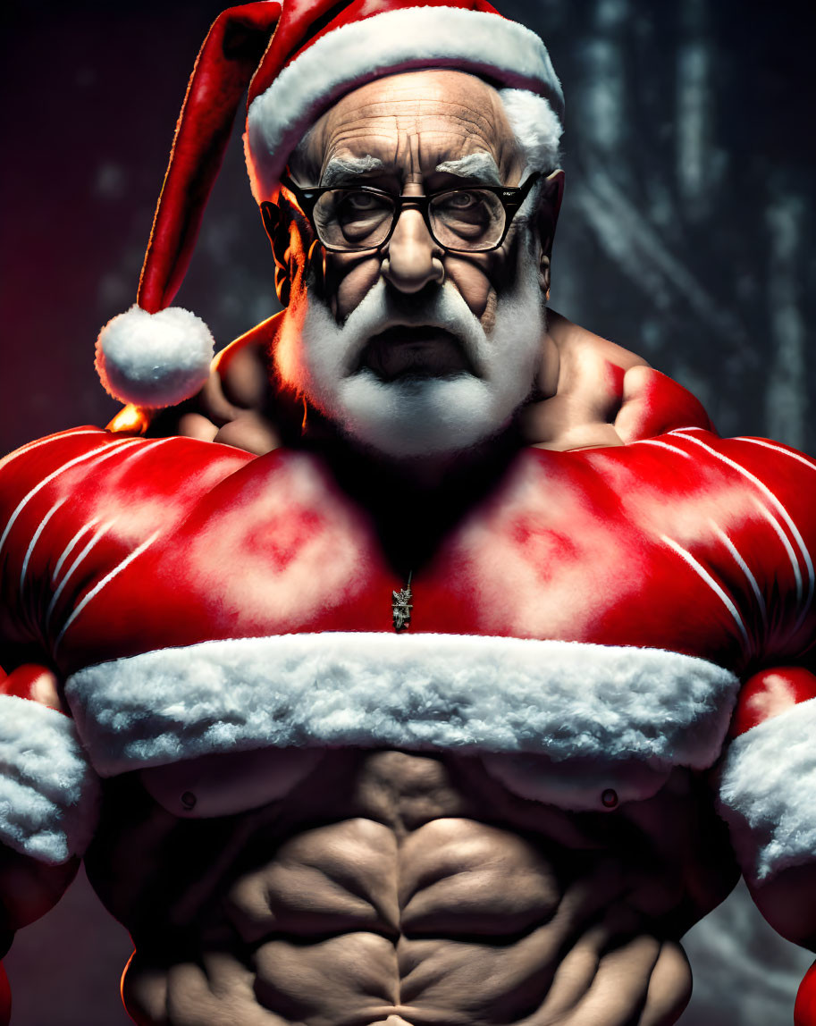 Elderly Santa Claus flexes muscles against moody background