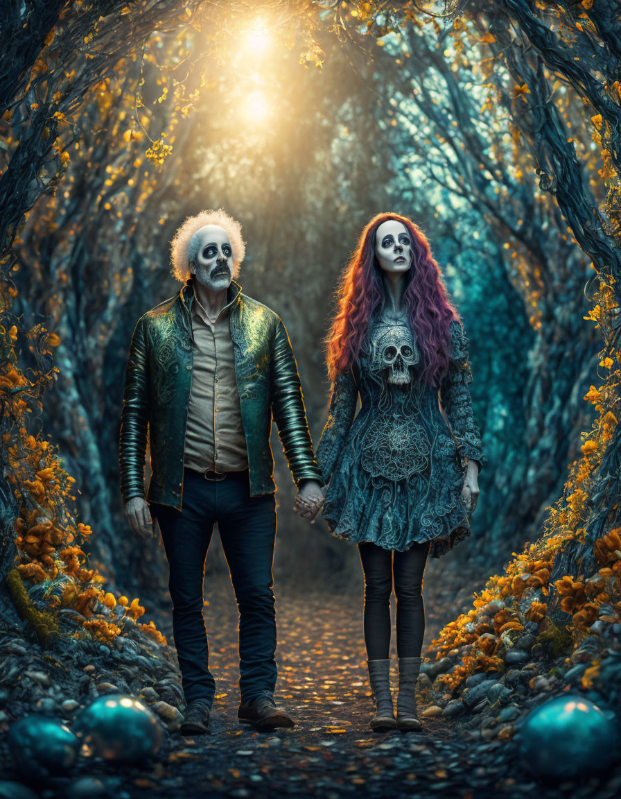 Gothic attired couple in enchanted forest tunnel with sunlight and vibrant flora