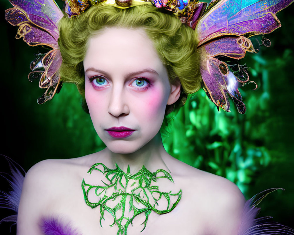 Woman with elaborate butterfly crown and striking makeup on green backdrop