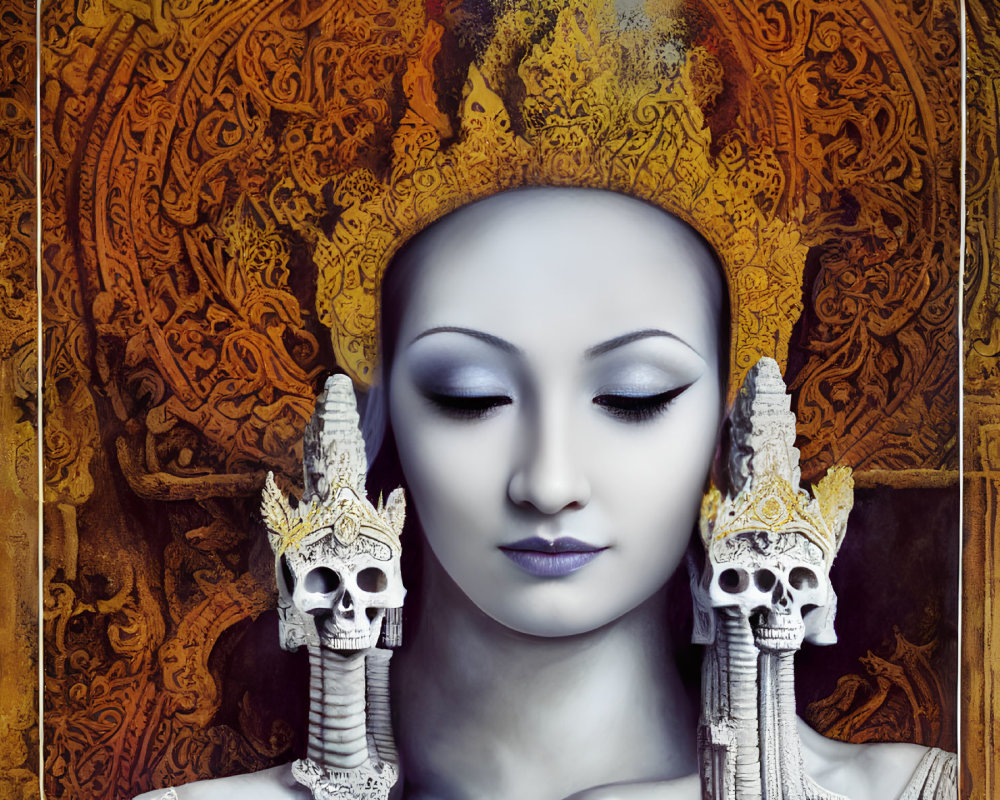 Portrait of a serene woman with dragon sculptures and golden patterns