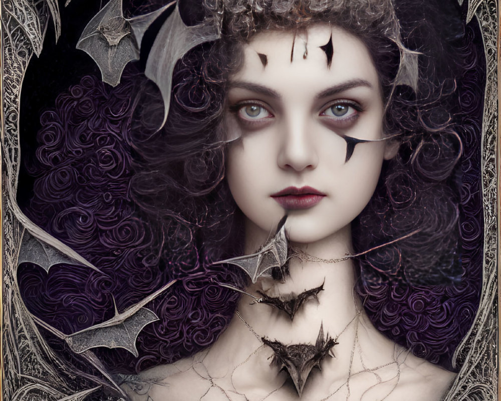 Gothic fantasy art of pale woman with dark hair, crown, silver filigree, bats