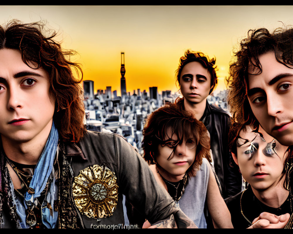 Multiple clones of a person with different expressions against urban skyline at sunset