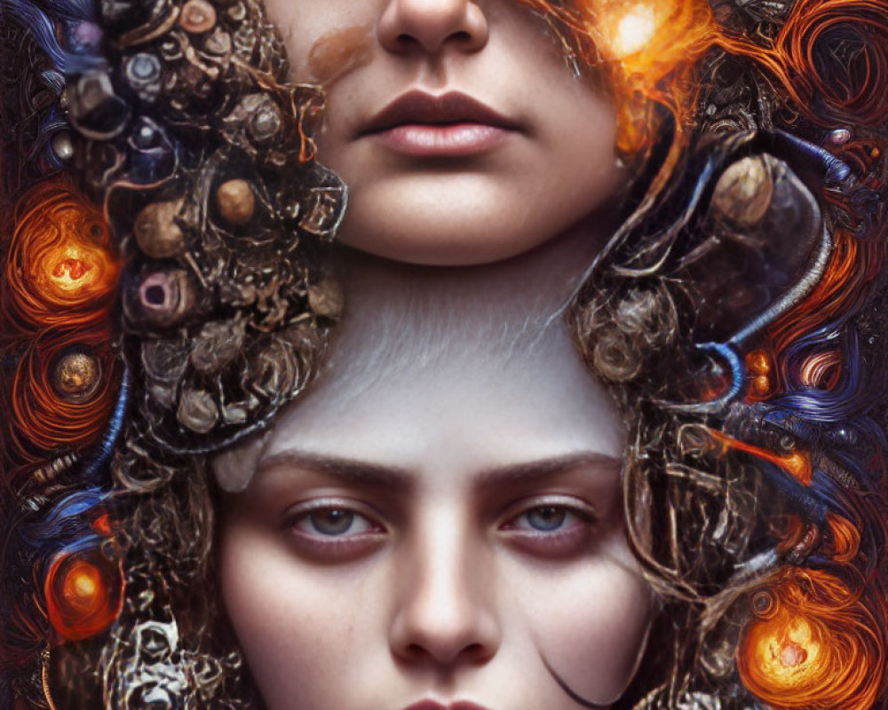 Split-face fantasy art with ornate, fiery and dark elements.