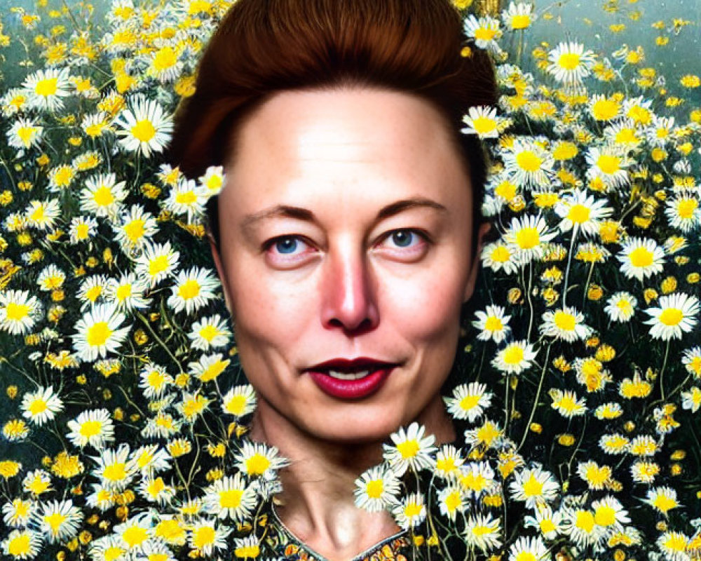 Surreal portrait of person's face merging with daisies and cathedral backdrop