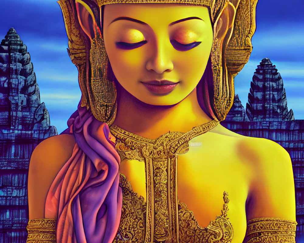 Serene golden figure in Khmer headpiece with purple draping, Angkor Wat temples background