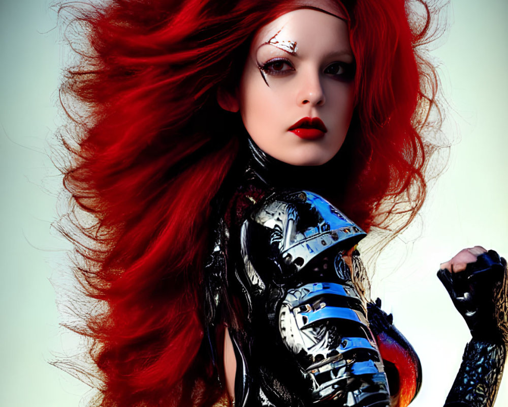 Digital artwork: Woman with red hair in futuristic bodysuit against city skyline