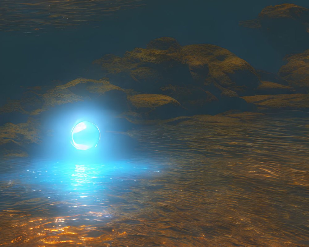 Glowing blue object in underwater scene with rocks and golden sparkles